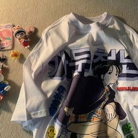 Cute White Anime Girl Cartoon Print Loose Short Sleeve Shirt Top Vintage Punk Aesthetic Casual Summer E-Girl Kawaii Korean Japanese Harajuku - Thumbnail 3