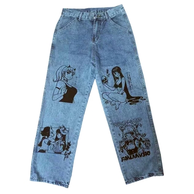 Cute anime girl cartoon print denim jeans trousers wide leg pants bottoms aesthetic casual summer e-girl kawaii korean japanese harajuku