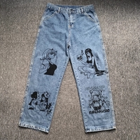 Cute Anime Girl Cartoon Print Denim Jeans Trousers Wide Leg Pants Bottoms Aesthetic Casual Summer E-Girl Kawaii Korean Japanese Harajuku - Thumbnail 2