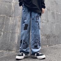 Cute Anime Girl Cartoon Print Denim Jeans Trousers Wide Leg Pants Bottoms Aesthetic Casual Summer E-Girl Kawaii Korean Japanese Harajuku - Thumbnail 1