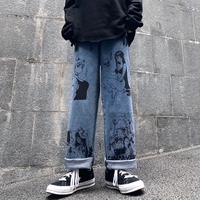 Cute Anime Girl Cartoon Print Denim Jeans Trousers Wide Leg Pants Bottoms Aesthetic Casual Summer E-Girl Kawaii Korean Japanese Harajuku - Thumbnail 3
