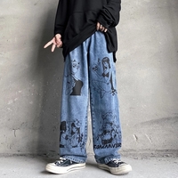 Cute Anime Girl Cartoon Print Denim Jeans Trousers Wide Leg Pants Bottoms Aesthetic Casual Summer E-Girl Kawaii Korean Japanese Harajuku - Thumbnail 4