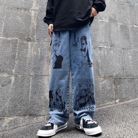 Cute Anime Girl Cartoon Print Denim Jeans Trousers Wide Leg Pants Bottoms Aesthetic Casual Summer E-Girl Kawaii Korean Japanese Harajuku - Thumbnail 5