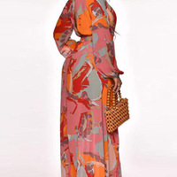 V-Neck Women'S Long Sleeve Printing Women'S Slit Dress - Thumbnail 1