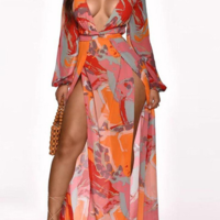 V-Neck Women'S Long Sleeve Printing Women'S Slit Dress - Thumbnail 2