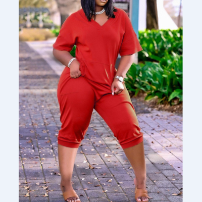Women's solid color casual loose v-neck jumpsuit