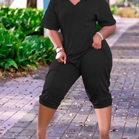 Women'S Solid Color Casual Loose V-Neck Jumpsuit - Thumbnail 2