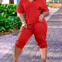 Women'S Solid Color Casual Loose V-Neck Jumpsuit - Thumbnail 3