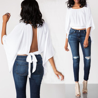 Knotted Backless Batwing Sleeve Top - Thumbnail 1