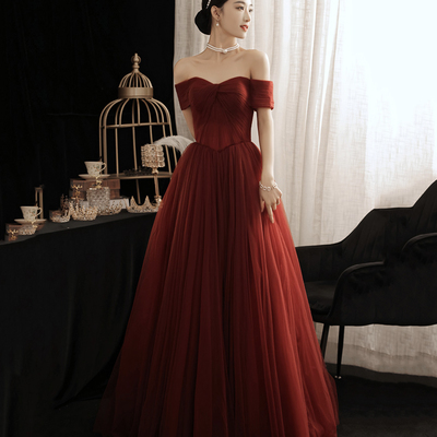 Burgundy tulle long a line prom dress evening dress - Thumbnail 4