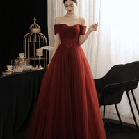 Burgundy tulle long A line prom dress evening dress - Thumbnail 1