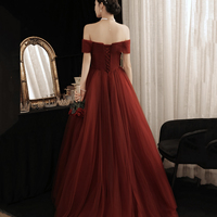 Burgundy tulle long A line prom dress evening dress - Thumbnail 3