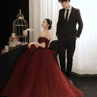 Burgundy tulle long A line prom dress evening dress - Thumbnail 4