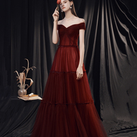 Stylish tulle long prom dress burgundy evening dress - Thumbnail 2
