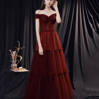 Stylish tulle long prom dress burgundy evening dress - Thumbnail 2