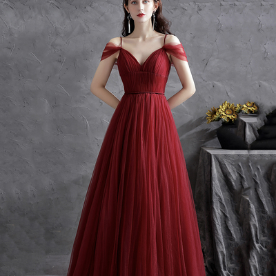Burgundy v neck tulle long prom dress evening dress - Thumbnail 4
