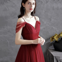 Burgundy v neck tulle long prom dress evening dress - Thumbnail 1