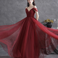 Burgundy v neck tulle long prom dress evening dress - Thumbnail 2