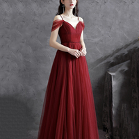 Burgundy v neck tulle long prom dress evening dress - Thumbnail 3