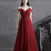 Burgundy v neck tulle long prom dress evening dress - Thumbnail 4