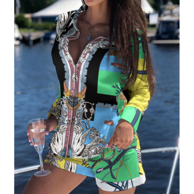 Long Sleeve Print Button Pocket Shorts Two-piece Set