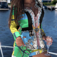 Long Sleeve Print Button Pocket Shorts Two-piece Set - Thumbnail 2