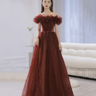Unique tulle long prom dress off shoulder evening dress - Thumbnail 5