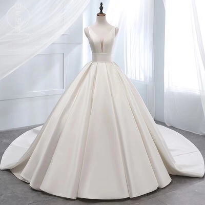 White v neck satin long ball gown dress formal dress - Thumbnail 2