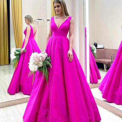 Ball gown v neck fuchsia satin long prom dresses sweet 16 dresses - Thumbnail 1