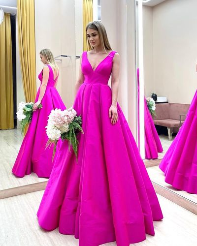 Ball Gown V Neck Fuchsia Satin Long Prom Dresses Sweet 16 Dresses