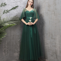 Green tulle long A line prom dress green evening dress - Thumbnail 2