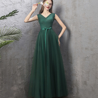 Green tulle long A line prom dress green evening dress - Thumbnail 3