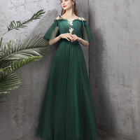 Green tulle long A line prom dress green evening dress - Thumbnail 5