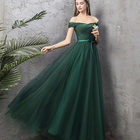 Green tulle long A line prom dress green evening dress - Thumbnail 7