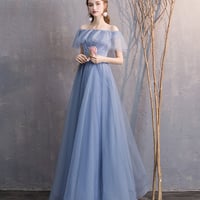Blue tulle long prom dress simple evening dress - Thumbnail 1