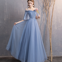 Blue tulle long prom dress simple evening dress - Thumbnail 2