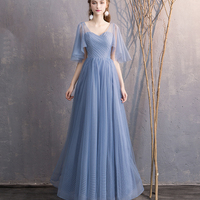 Blue tulle long prom dress simple evening dress - Thumbnail 4