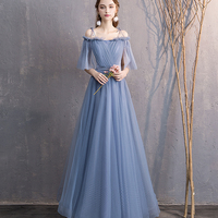 Blue tulle long prom dress simple evening dress - Thumbnail 3