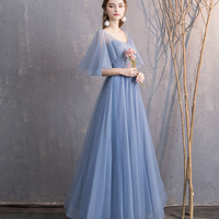 Blue tulle long prom dress simple evening dress - Thumbnail 5