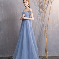 Blue tulle long prom dress simple evening dress - Thumbnail 6