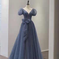 Blue tulle long A line prom dress blue evening dress - Thumbnail 2
