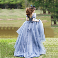 Blue tulle long A line prom dress blue evening dress - Thumbnail 3