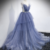 Blue tulle long A line prom dress blue evening dress - Thumbnail 2