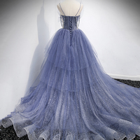 Blue tulle long A line prom dress blue evening dress - Thumbnail 3