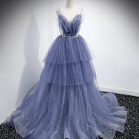 Blue tulle long A line prom dress blue evening dress - Thumbnail 4