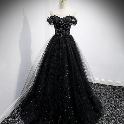 Black tulle long a line prom dress black evening dress - Thumbnail 2