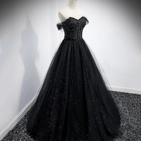 Black tulle long A line prom dress black evening dress - Thumbnail 1
