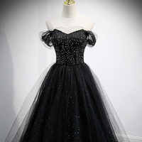 Black tulle long A line prom dress black evening dress - Thumbnail 2