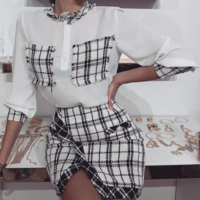 Plaid Stitching Long-Sleeved Two-Piece Suit - Thumbnail 1