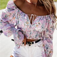 Long-Sleeved One-Shoulder Print Top - Thumbnail 1